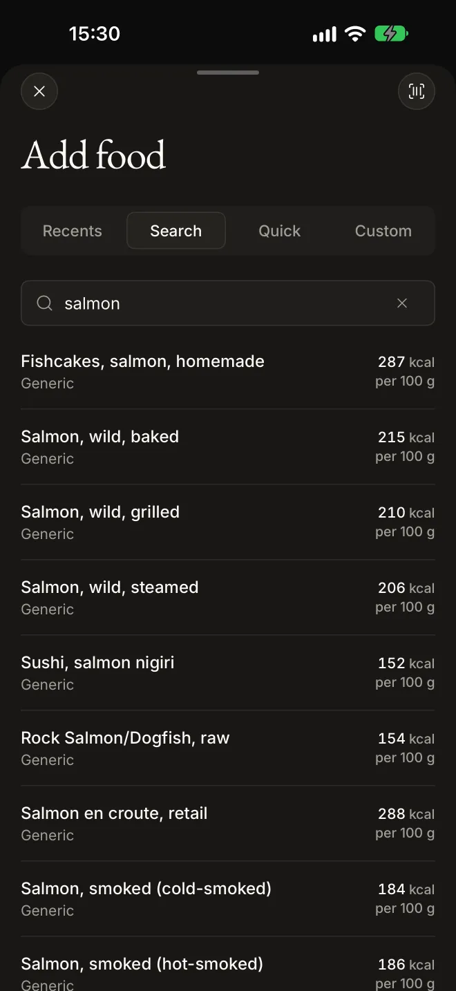 Searching for salmon in Fitnessly, with generic foods and their calories per 100 g.